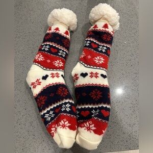 Cozy Red, White and Navy Patterned Socks